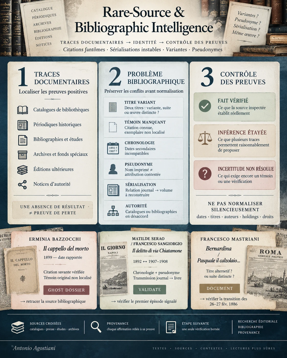 Rare-Source and Bibliographic Intelligence workflow showing documentary traces, bibliographic conflicts, evidence control and research dispositions